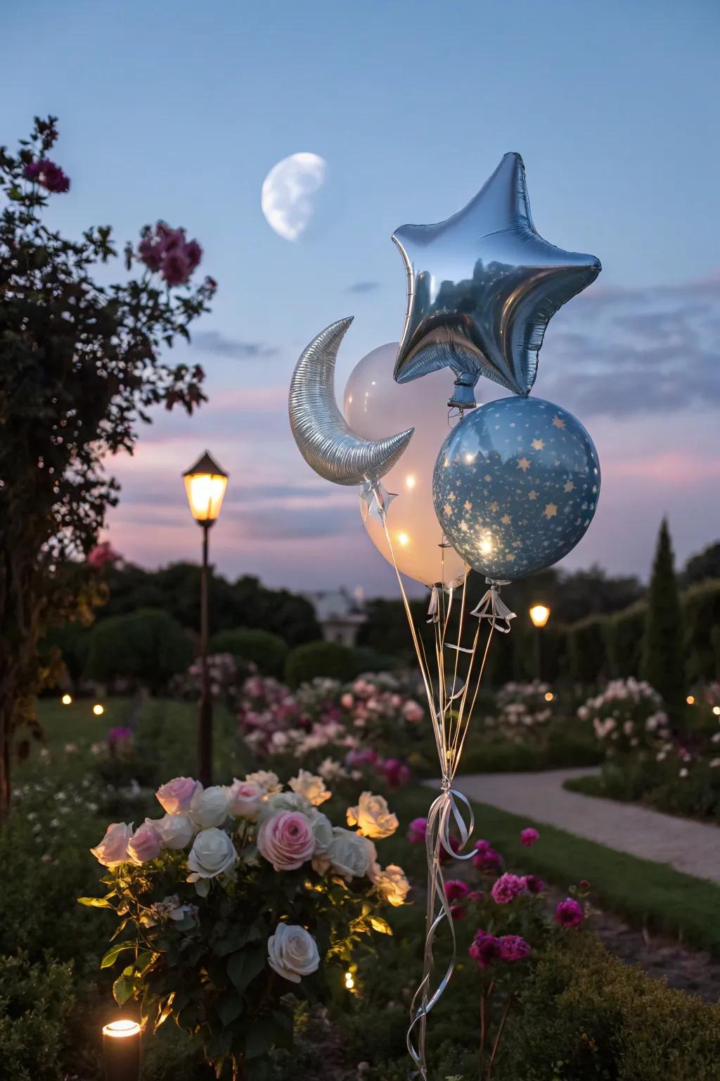 A space-themed balloon display that infuses magic into twilight occasions.