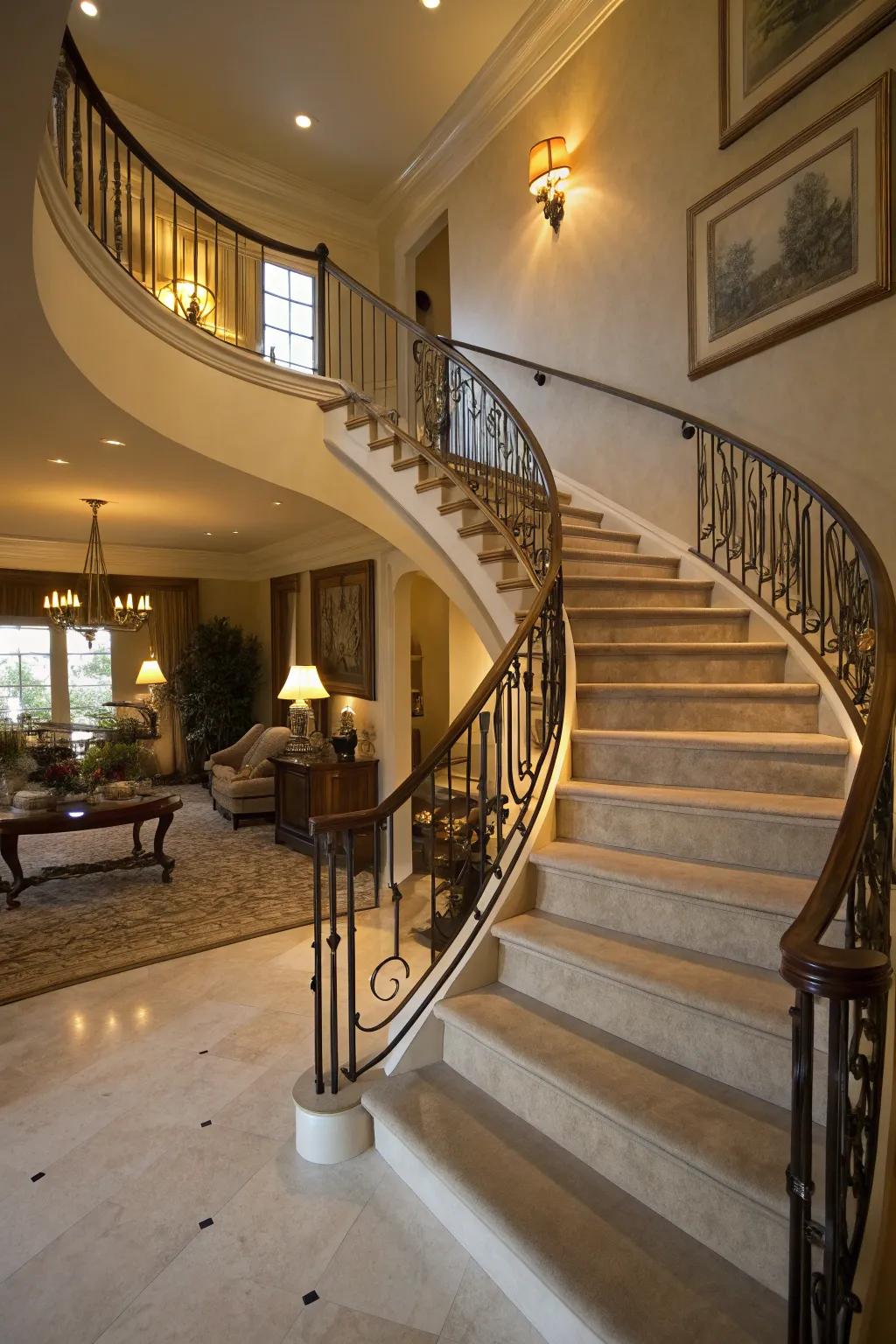 Dynamic elegance using an arched staircase rail.