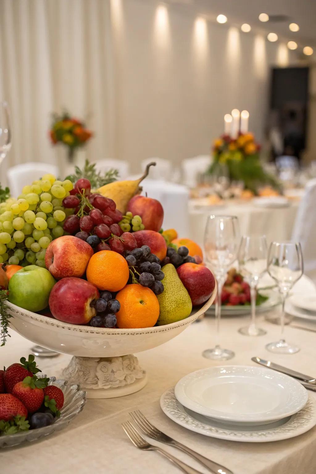A colorful fruit spectrum centerpiece brightening up the table.