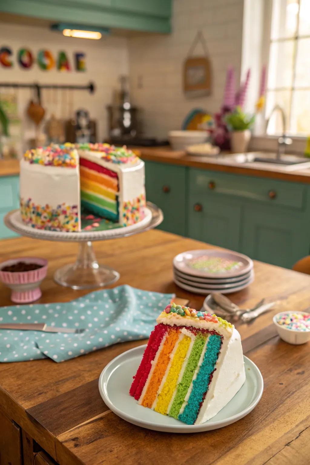 A cake with hidden rainbow layers for a playful surprise.
