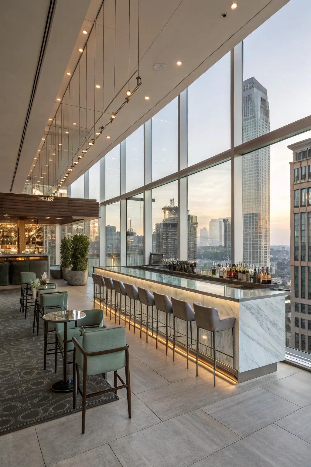 Contemporary glass accents for an airy bar feel.