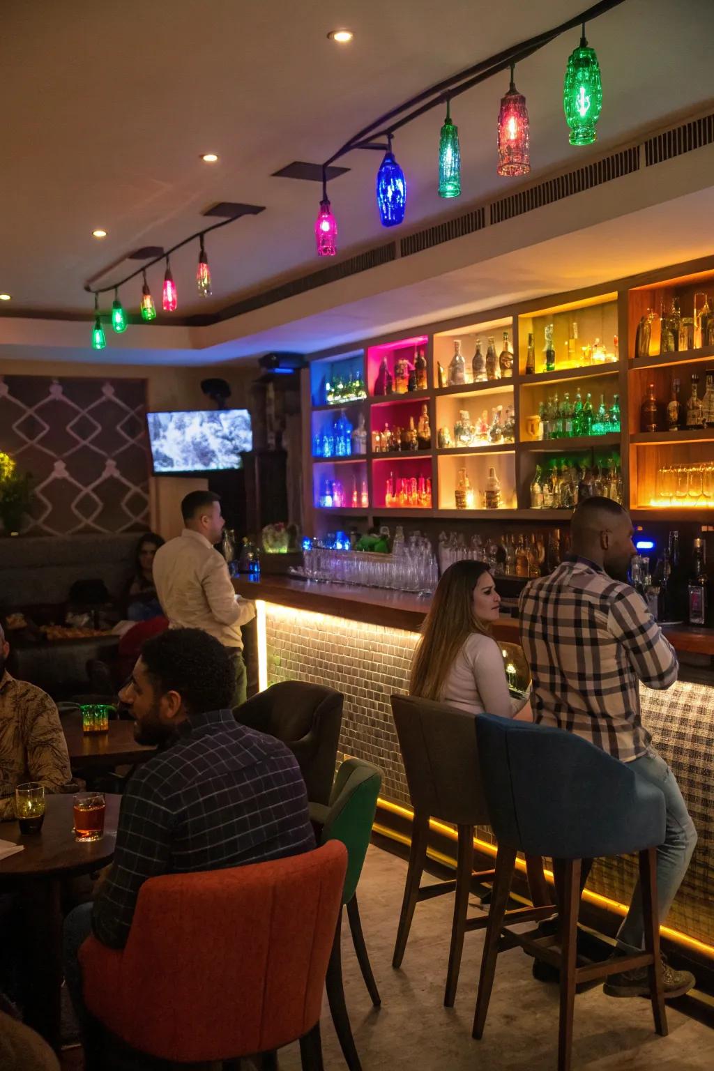 Dance lights inject a high-energy vibe into the bar.