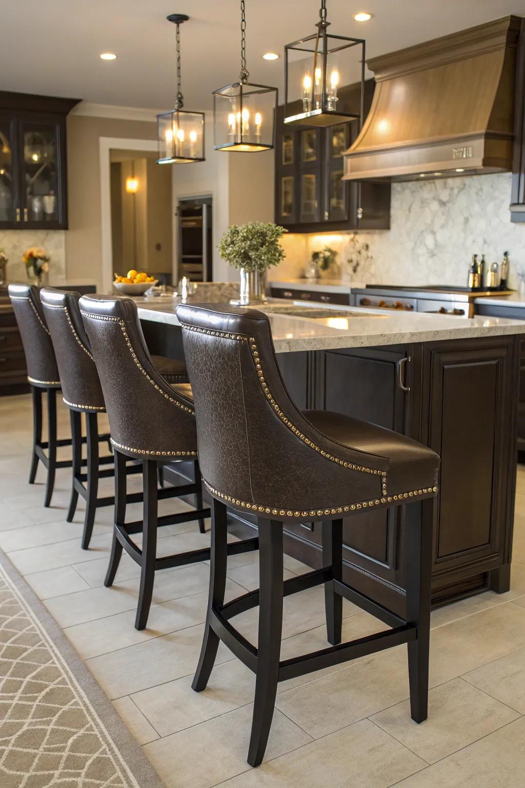 Faux leather bar stools featuring backs that evoke an opulent impression.