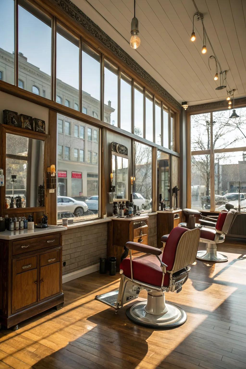 Natural light streams into a barbershop, creating an environment that is open and airy.