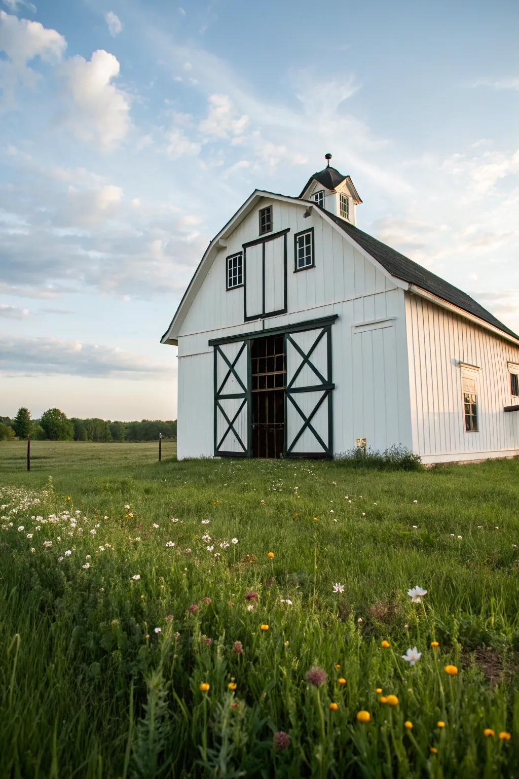 A striking white and black barn that stands out through its bold contrast.