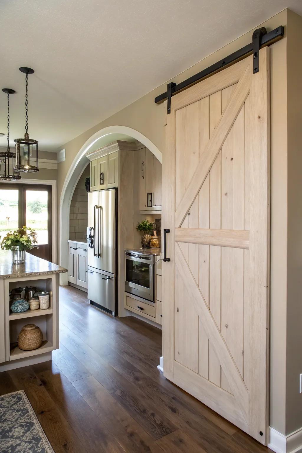 A kitchen featuring a rounded sliding barn door pantry.