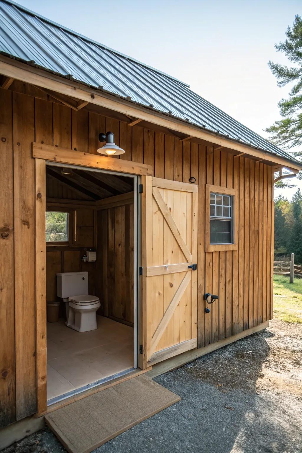 A small bathroom improves how useful this barn garage is.