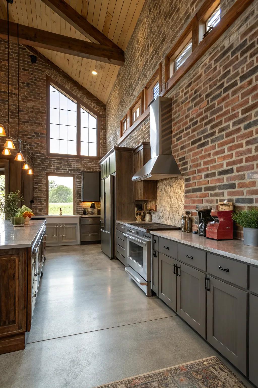 Brick backsplash infuses texture and warmth into the cooking space.