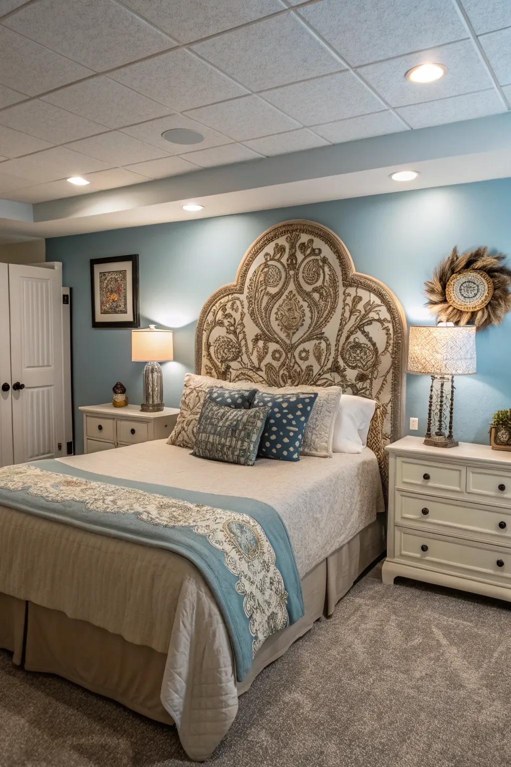 A decorative headboard can function as a fashionable and practical centerpiece.