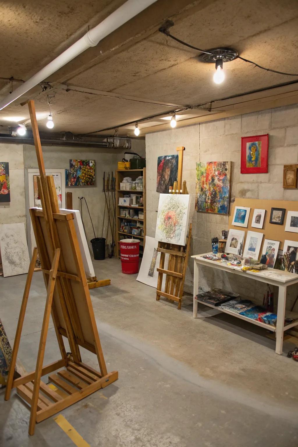 A sturdy and inspiring workspace is provided by concrete floors in an art studio.