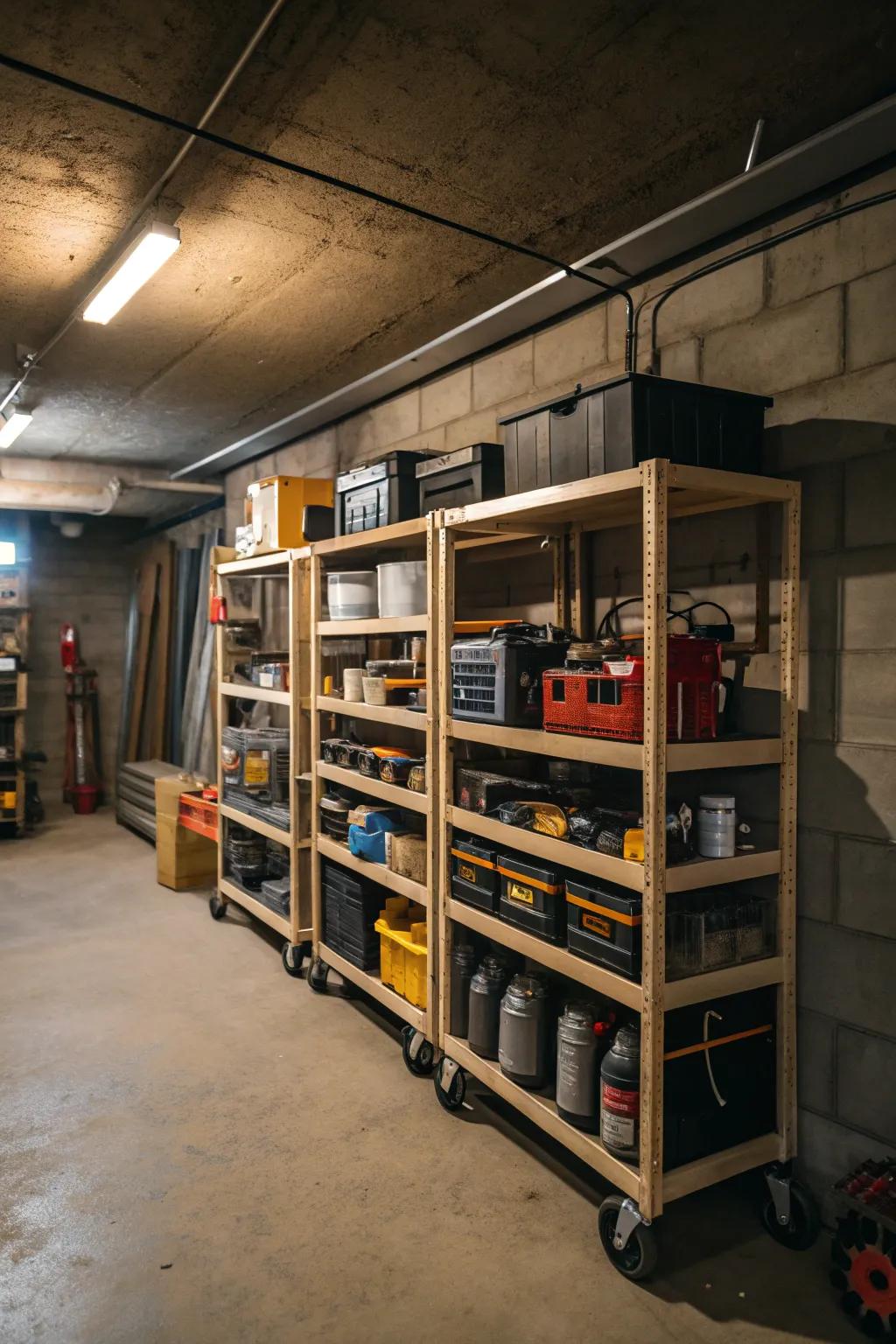 Large items are made more accessible and mobile with rolling shelves.
