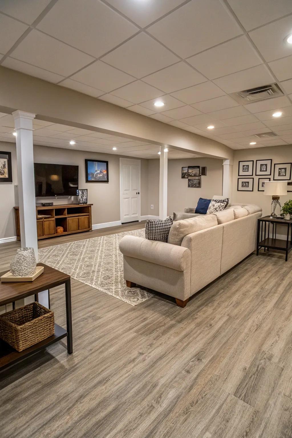 Neutral-toned vinyl flooring is adaptable and adjustable.