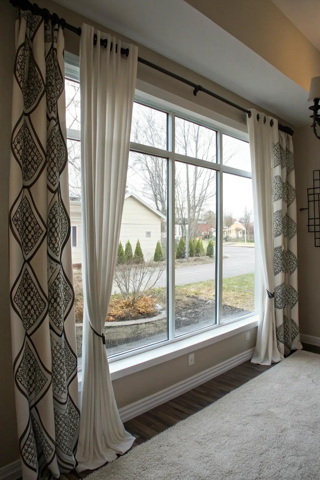 Asymmetrical curtains add a modern, artistic flair.