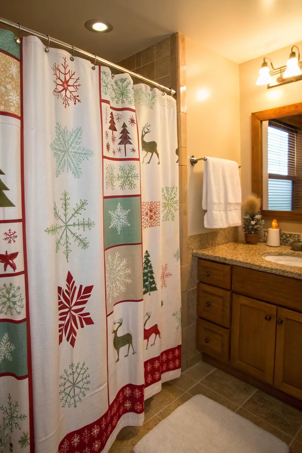 A holiday-inspired ablution enclosure fabric brings seasonal happiness to this bathroom.