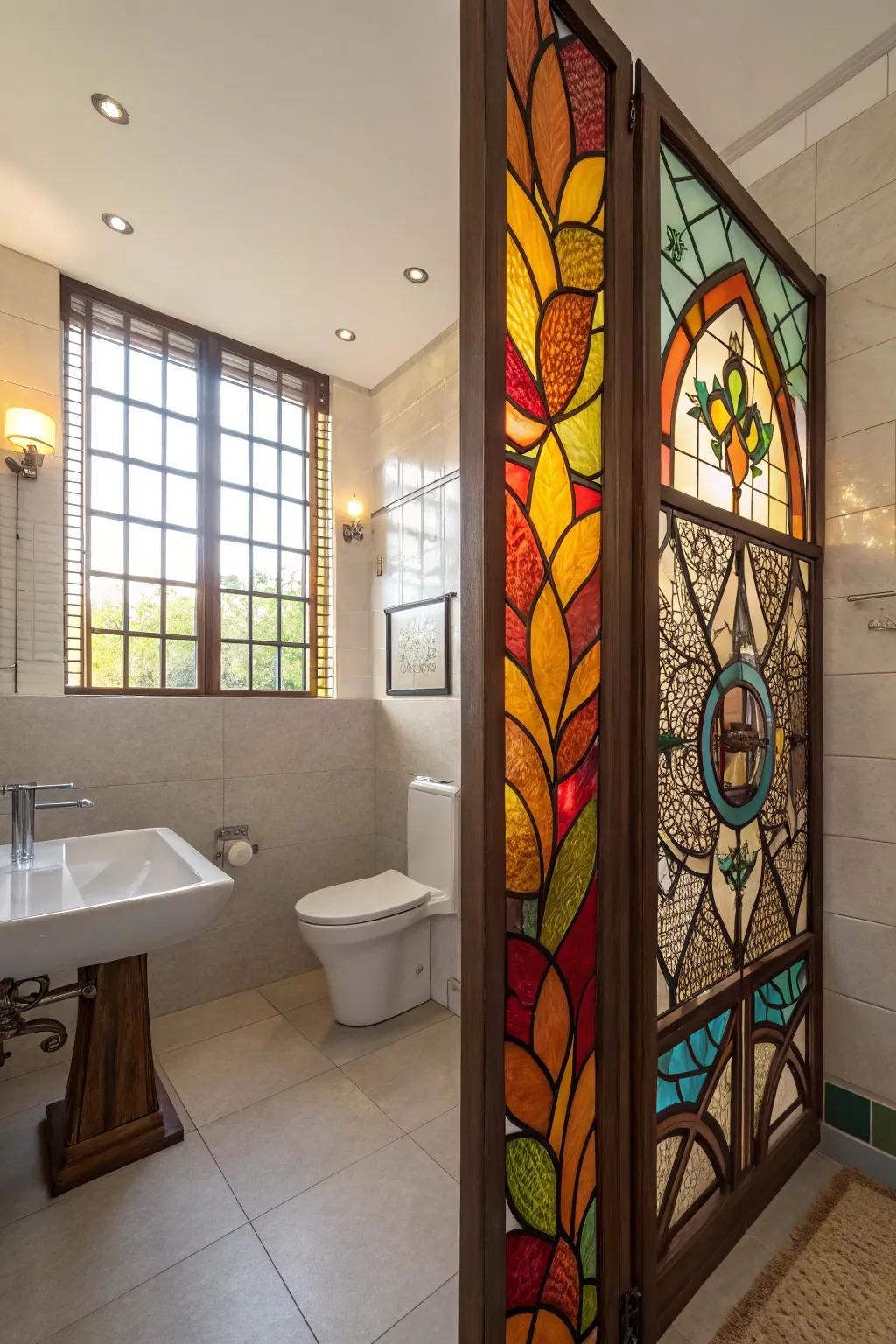Stained glass partitions transform functional spaces into art.
