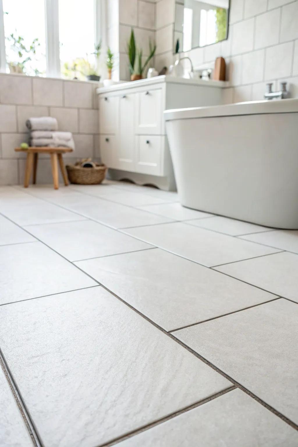Large format flooring establish a spacious and open sensation in bathrooms.