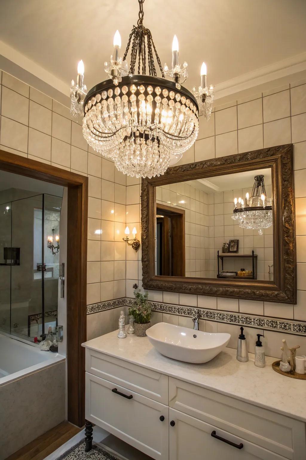 A bathroom with an ornamental ceiling light that contributes sophistication.