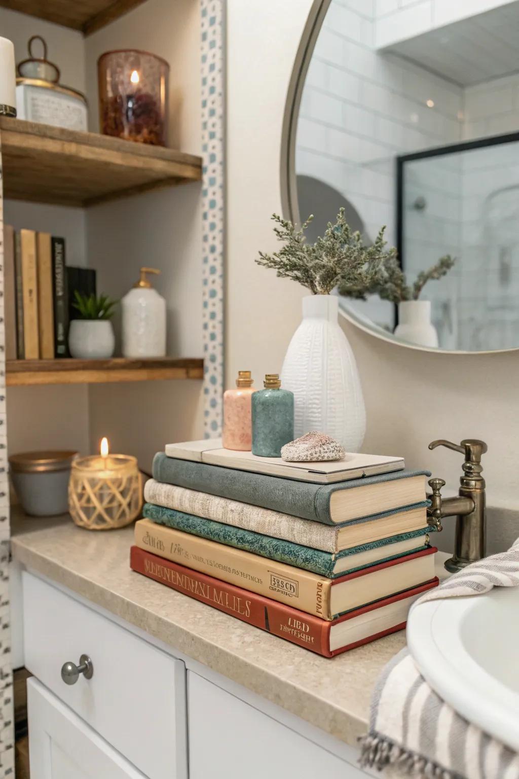 Books contribute height and intrigue to displays.