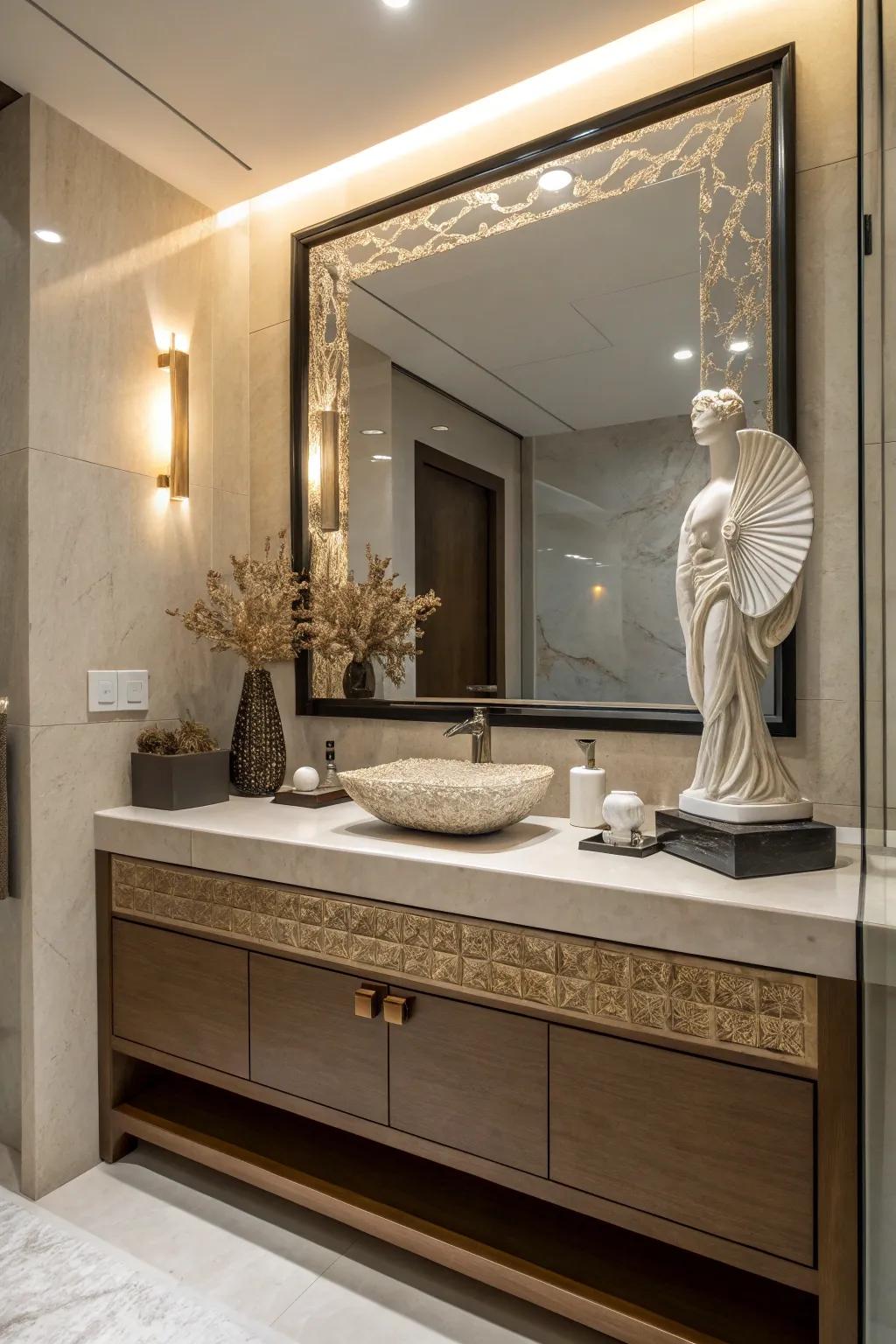 A sculptural element introduces artistic flair.