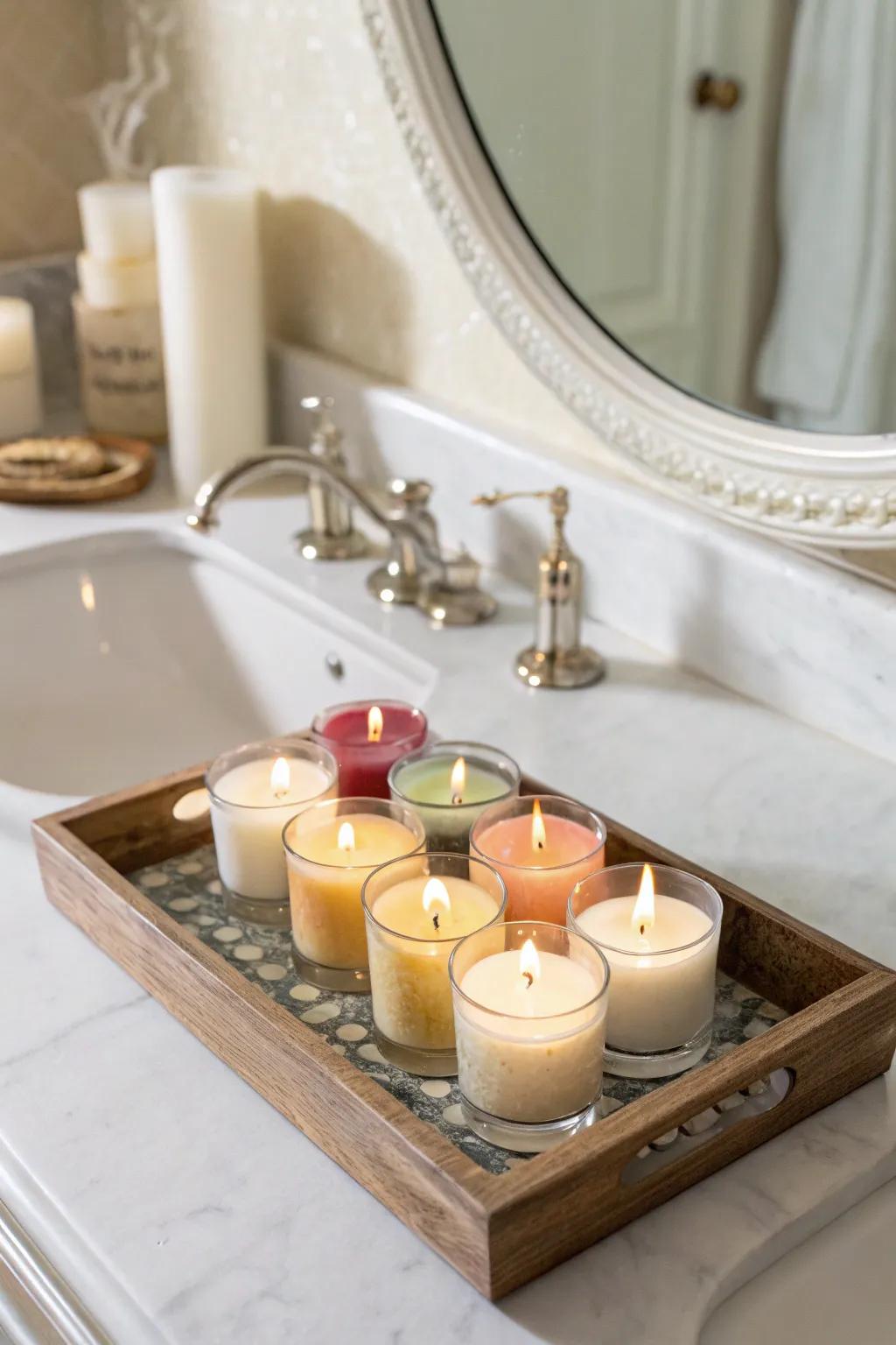 Candles enhance decor and provide soothing scents.