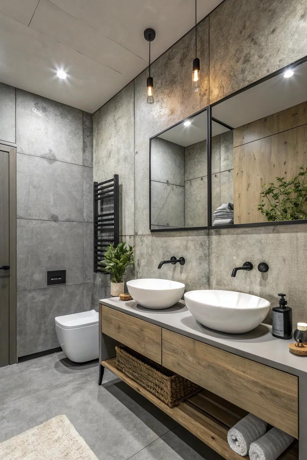 Bring urban chic into your bathroom with concrete-look wallpaper.