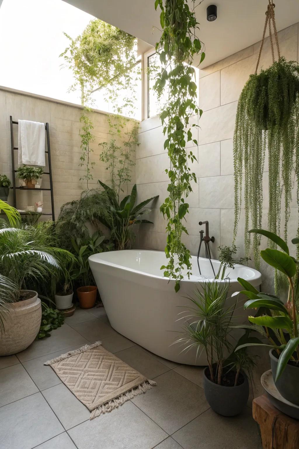 An indoor garden haven featuring a standalone tub.