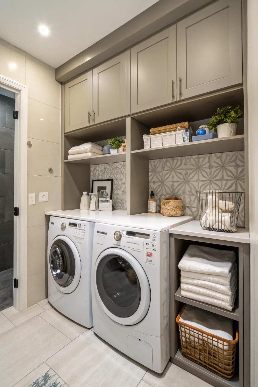 A chic washing corner nestled into a bathroom corner.