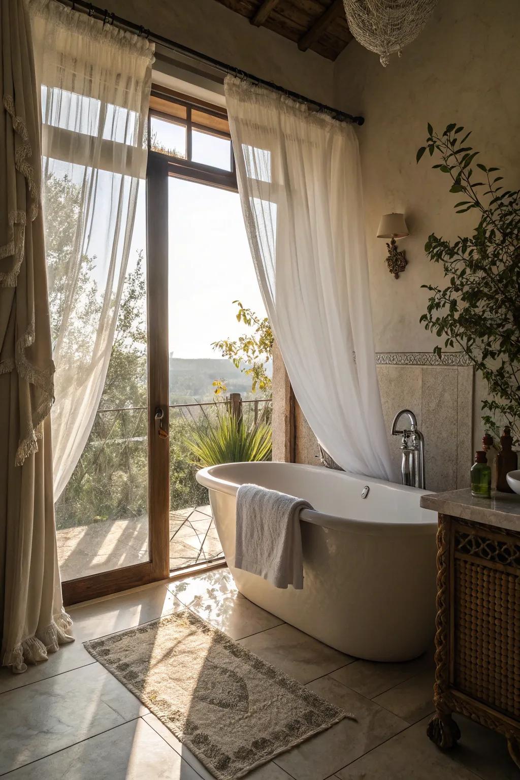 Airy drapes contribute a soft, delicate touch.