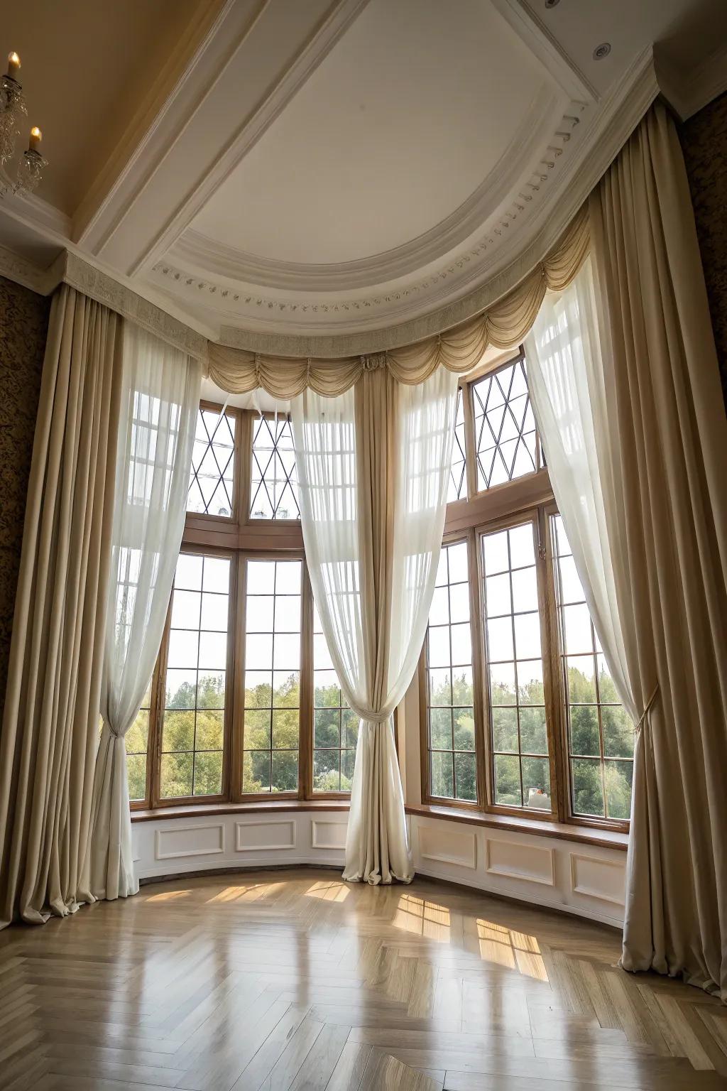 Ceiling-to-floor curtains enhancing room height and openness.