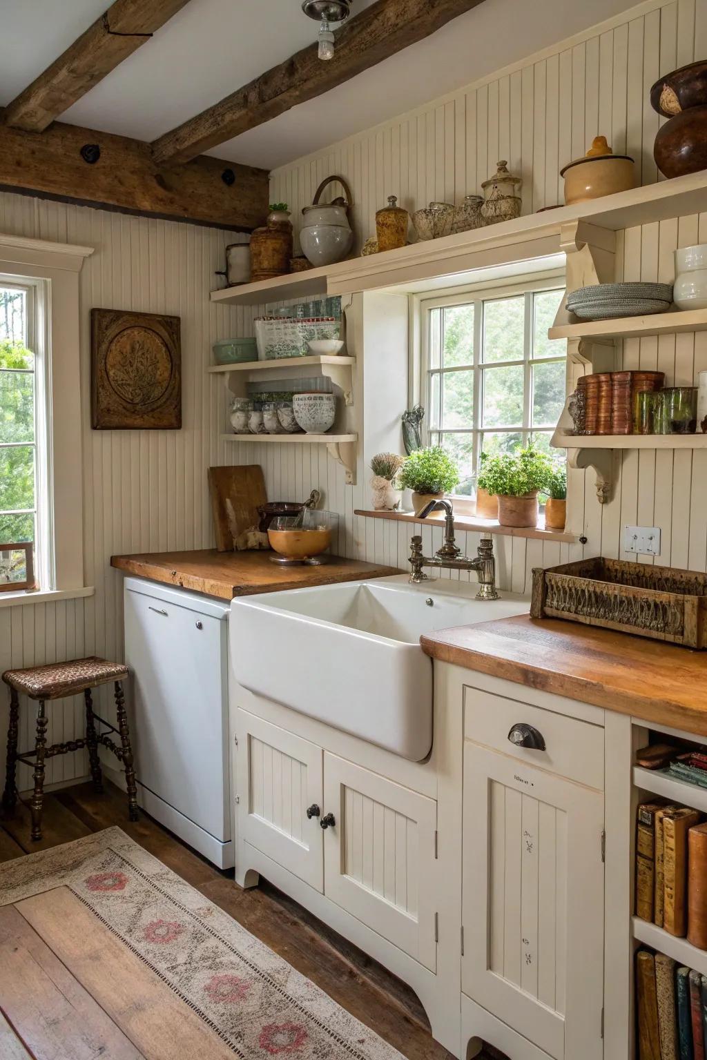 Grooved paneling brings rustic charm to cooking areas.