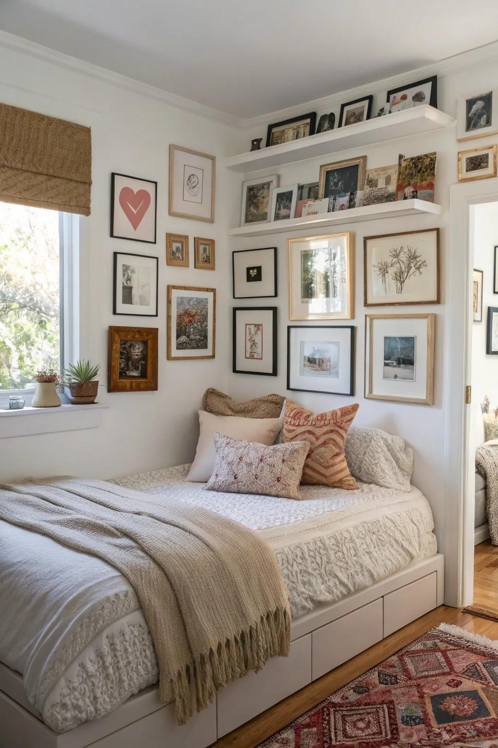A gallery wall enhances a corner bed.