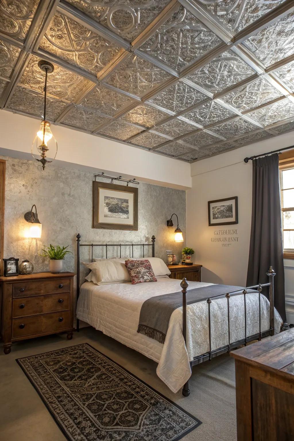 Textured ceiling panels add depth.