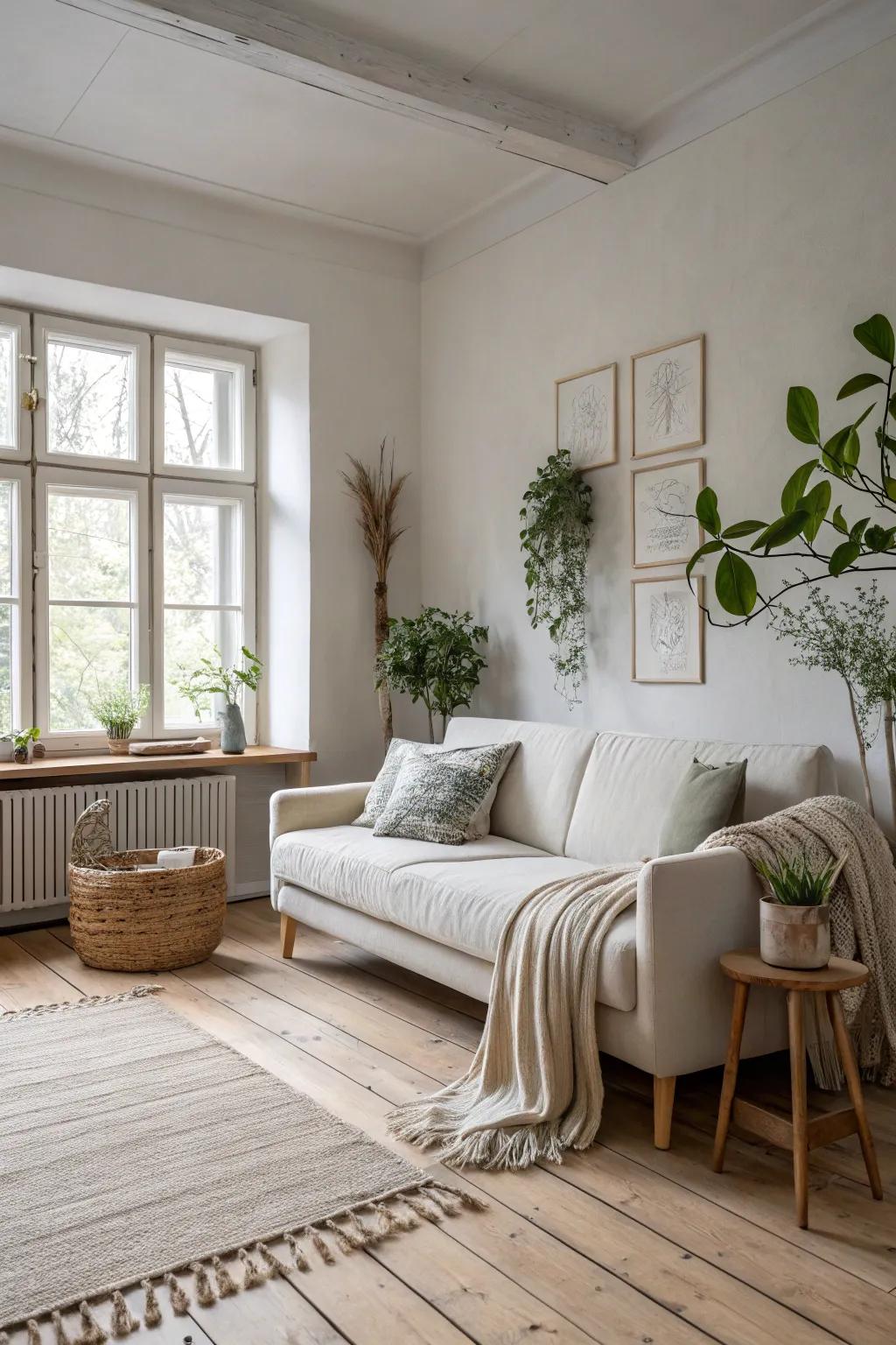 A Scandinavian-style sofa in a bedroom, embodying simplicity and elegance.