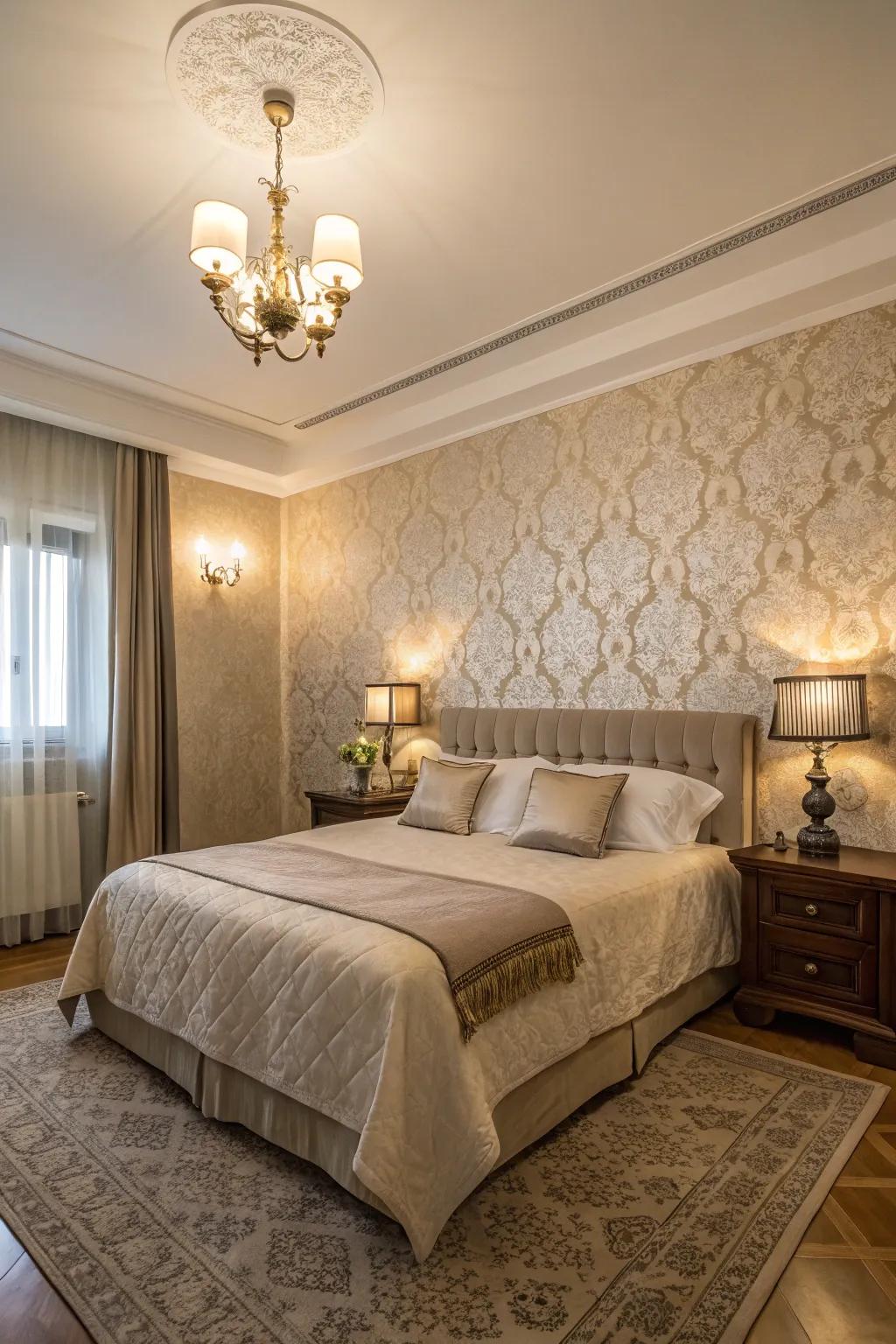 Patterned wall coverings add visual depth to the bedroom.