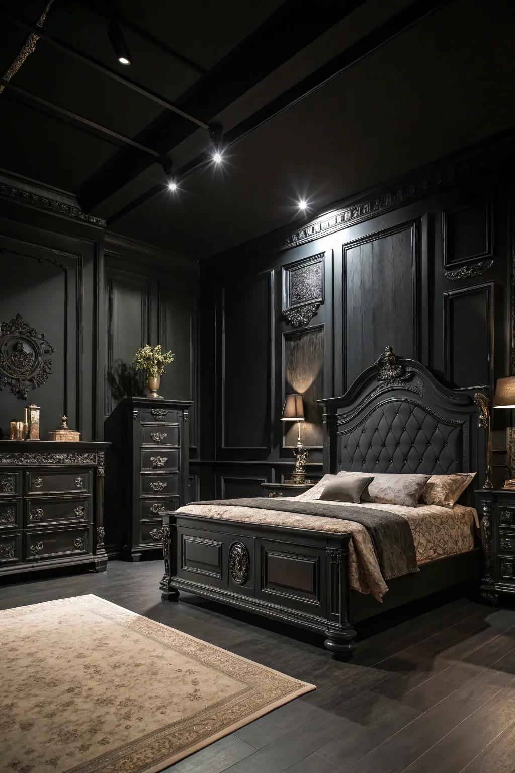 Shadowy walls augment the drama and intimacy within a room featuring dark furniture.