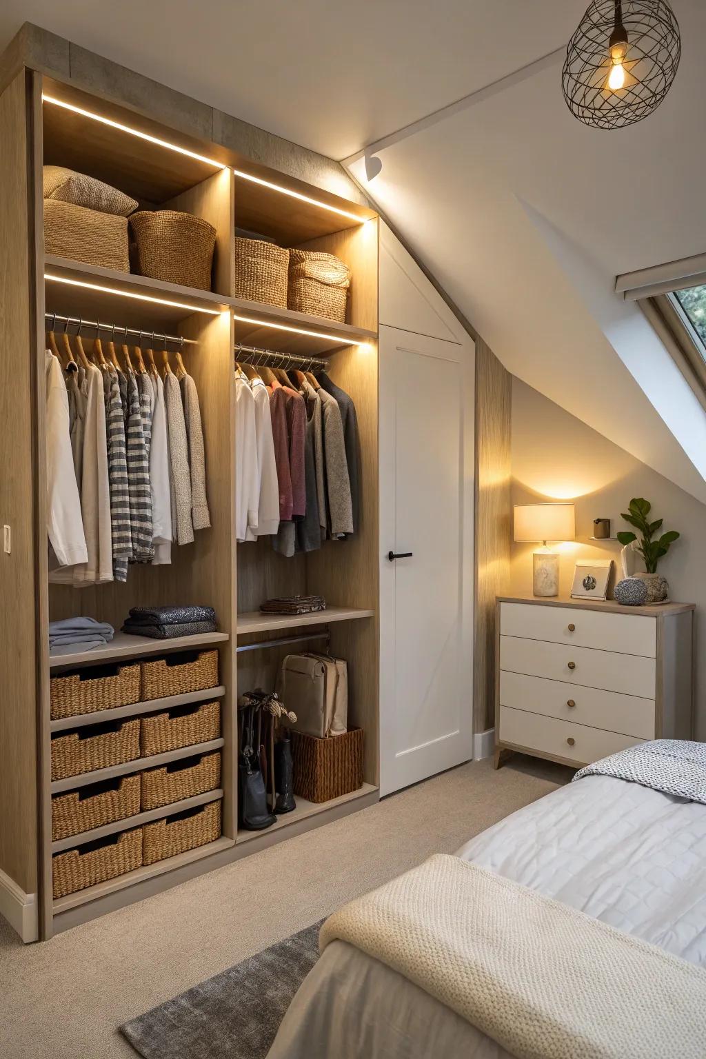 Maximize clothing storage by including a wardrobe space inside your knee wall.