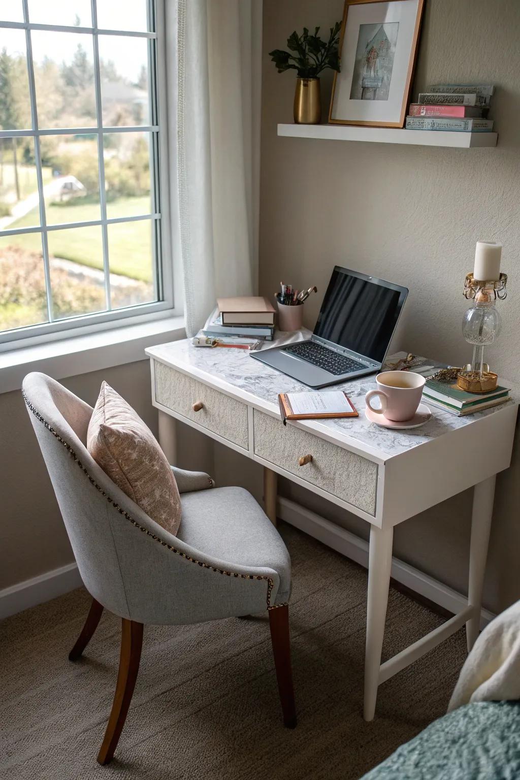 A corner desk creates a functional workspace.