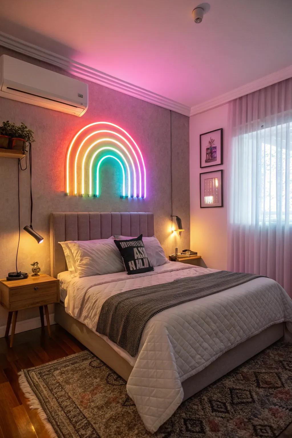 Neon lights include a playful burst of color to any bedroom.