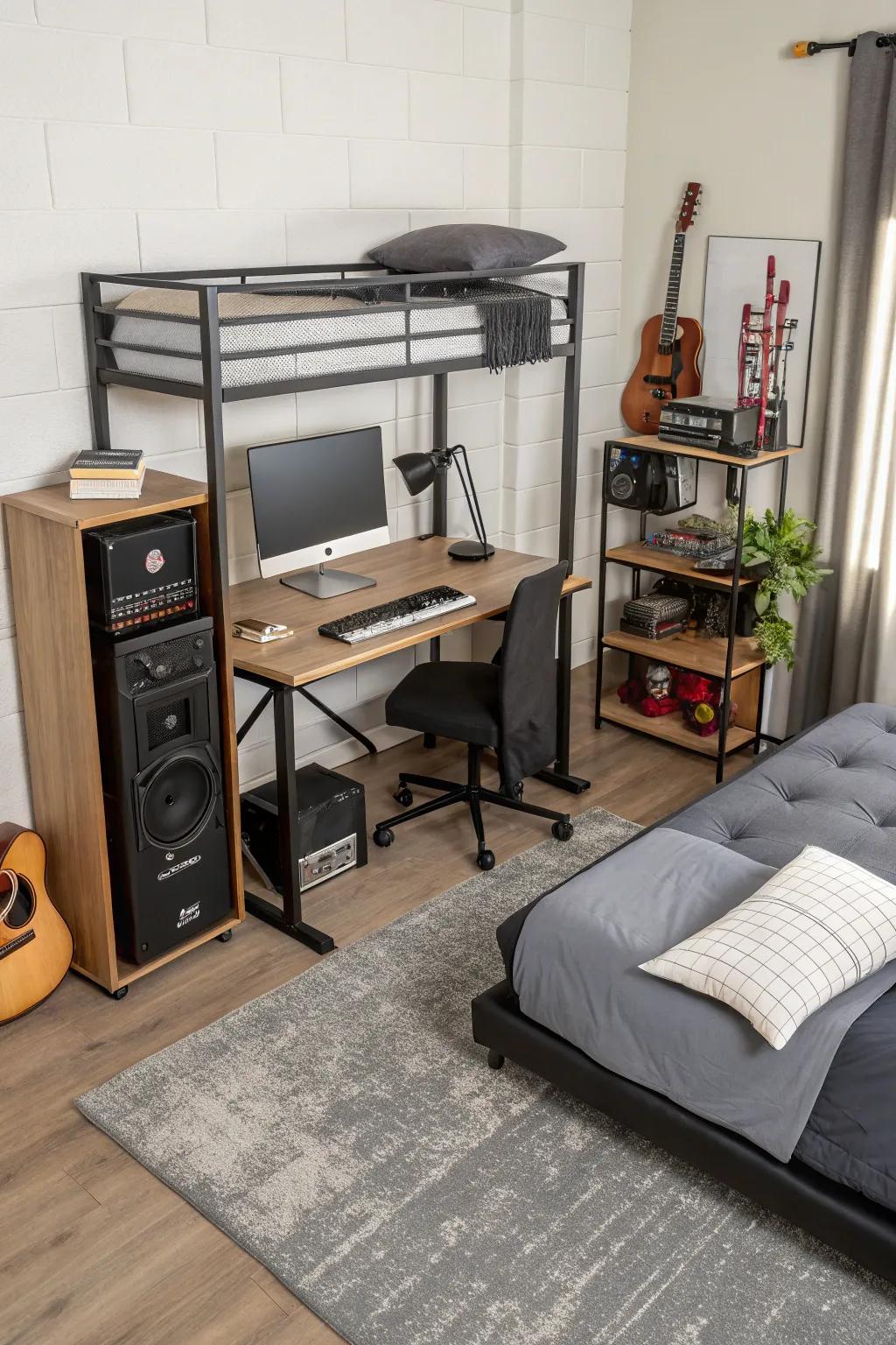 Adaptable furniture provides versatility and convenience in a music studio.