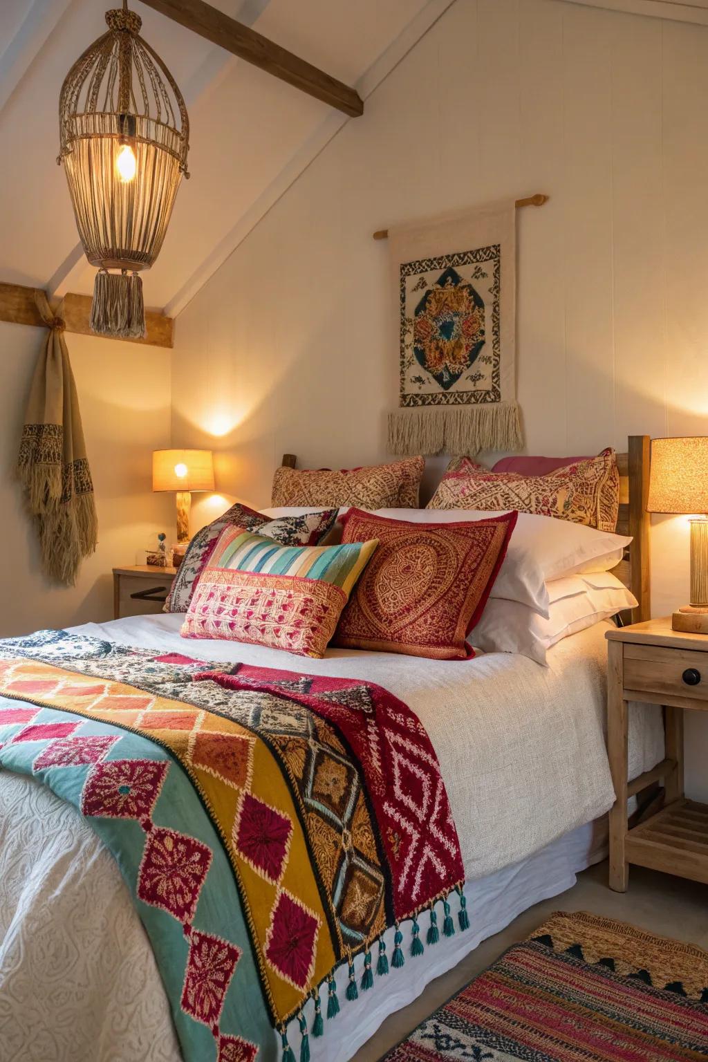 A bedroom with pops of color that add life.