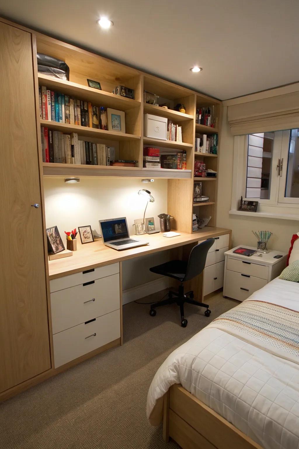 Integrated shelving for desks maximizes utility in compact bedrooms.