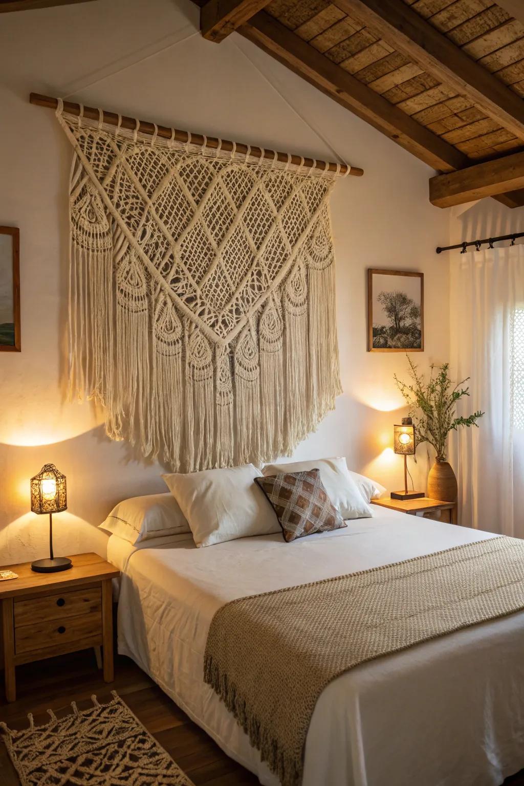 Fabric wall hangings add softness and texture to bedroom decor.
