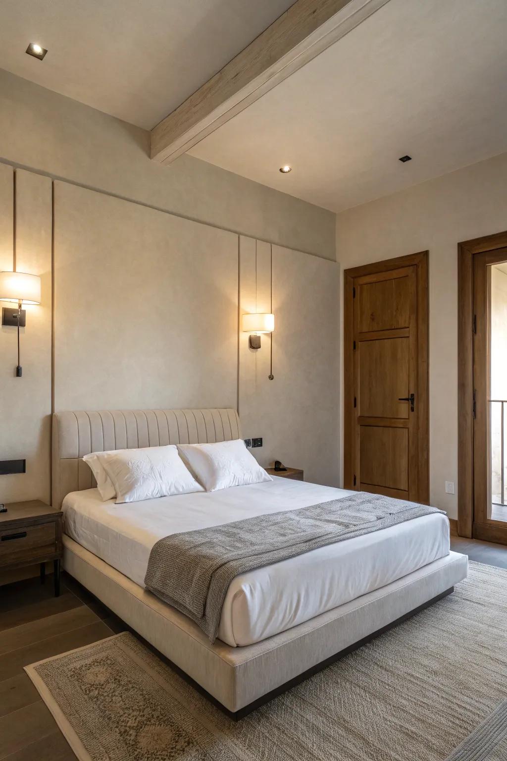 Minimalist sconces maintain a serene, uncluttered aesthetic.