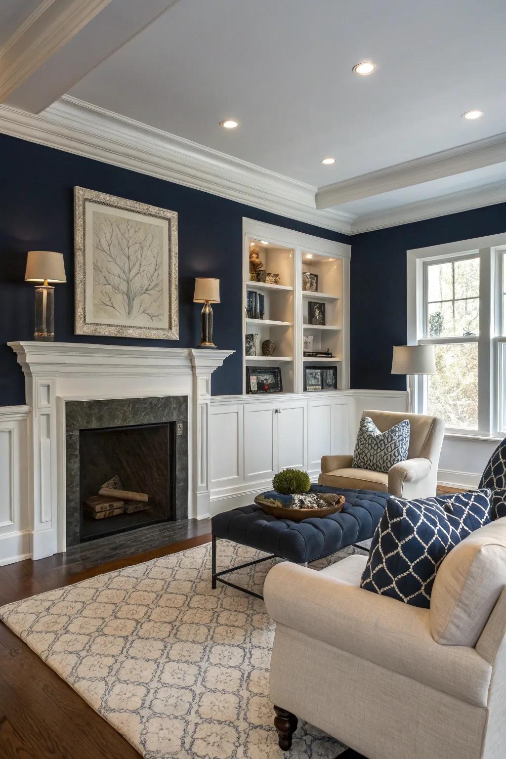 Navy walls offer timeless style and sophistication.