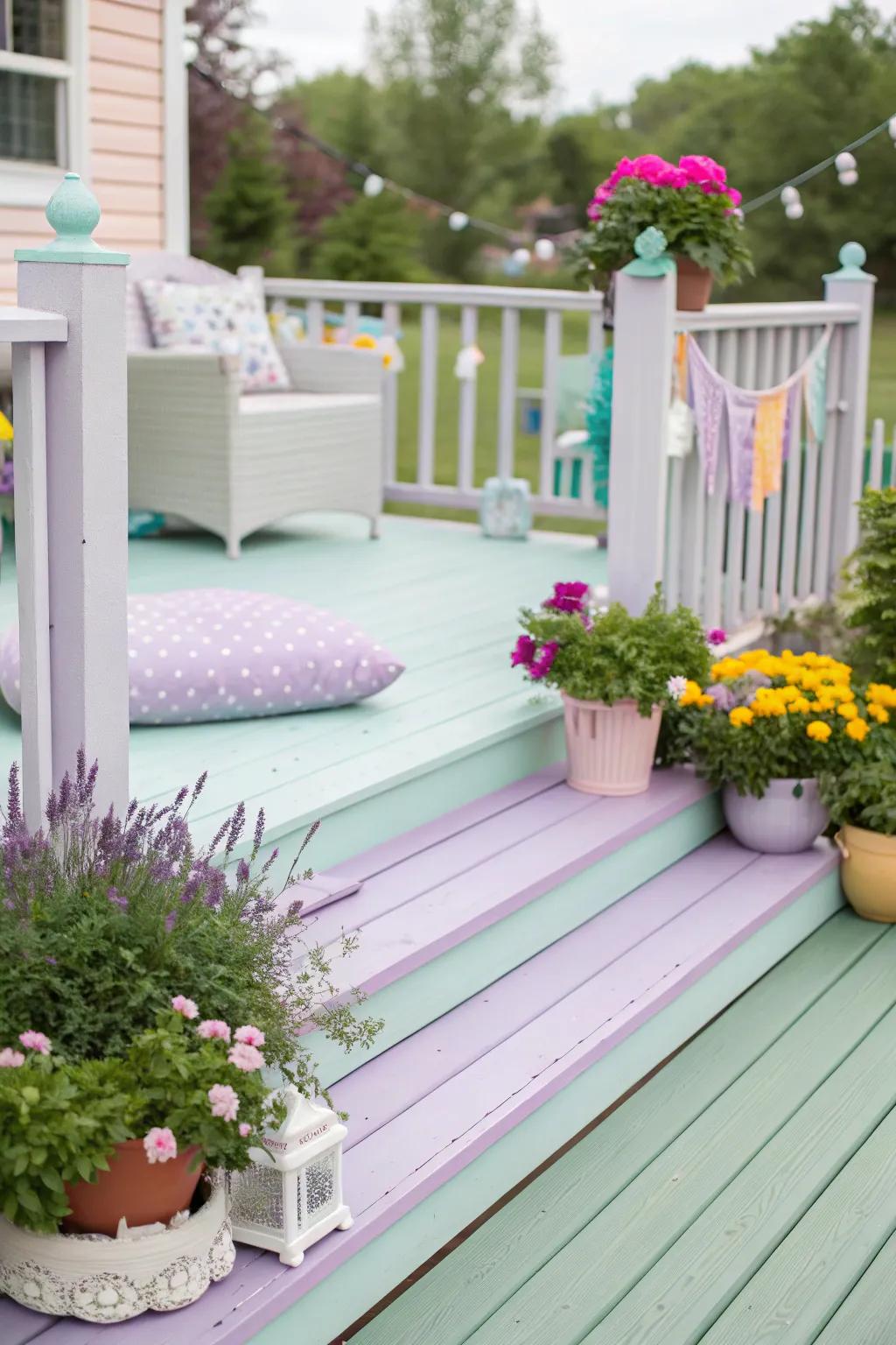 Pastel decks craft a whimsical and playful open-air area.