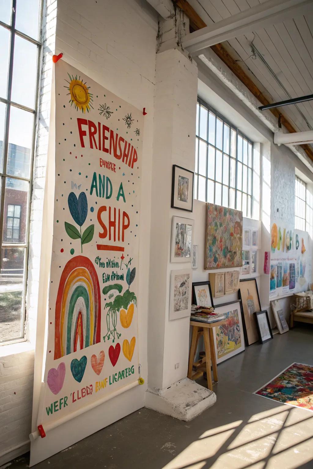 A vibrant hand-painted collage showcasing a personal element within an art studio.