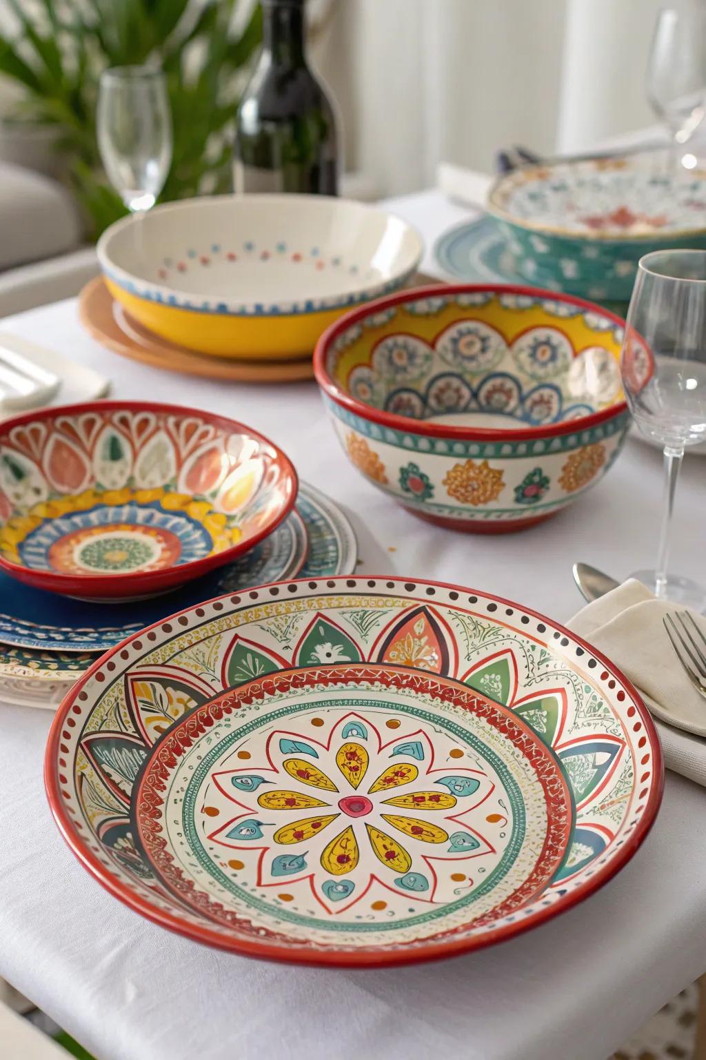 Hand-painted glassware is both practical and artistic, excellent for every dinner table.