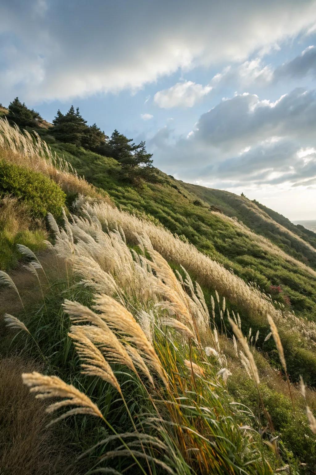 Architectural grasses add movement and texture to slopes.