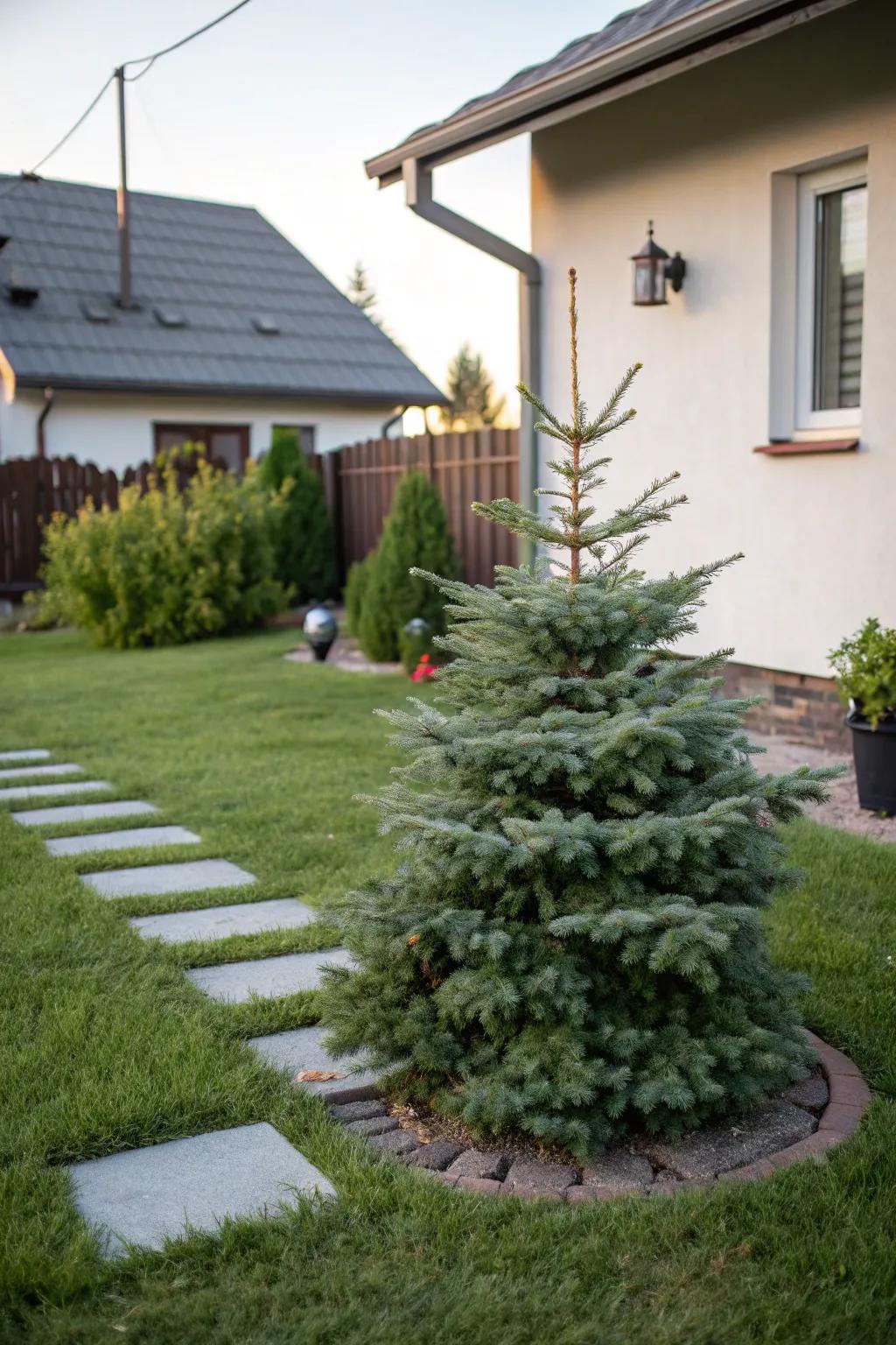 Dwarf Alberta spruce is excellent for tighter spaces.