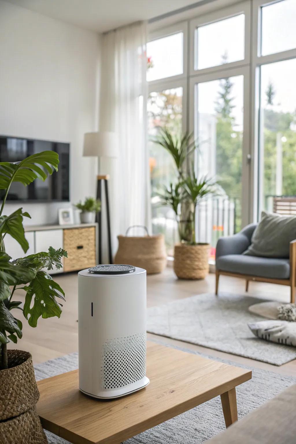 A smart air cleanser discreetly enhances air quality, complementing the modern design of the living room.